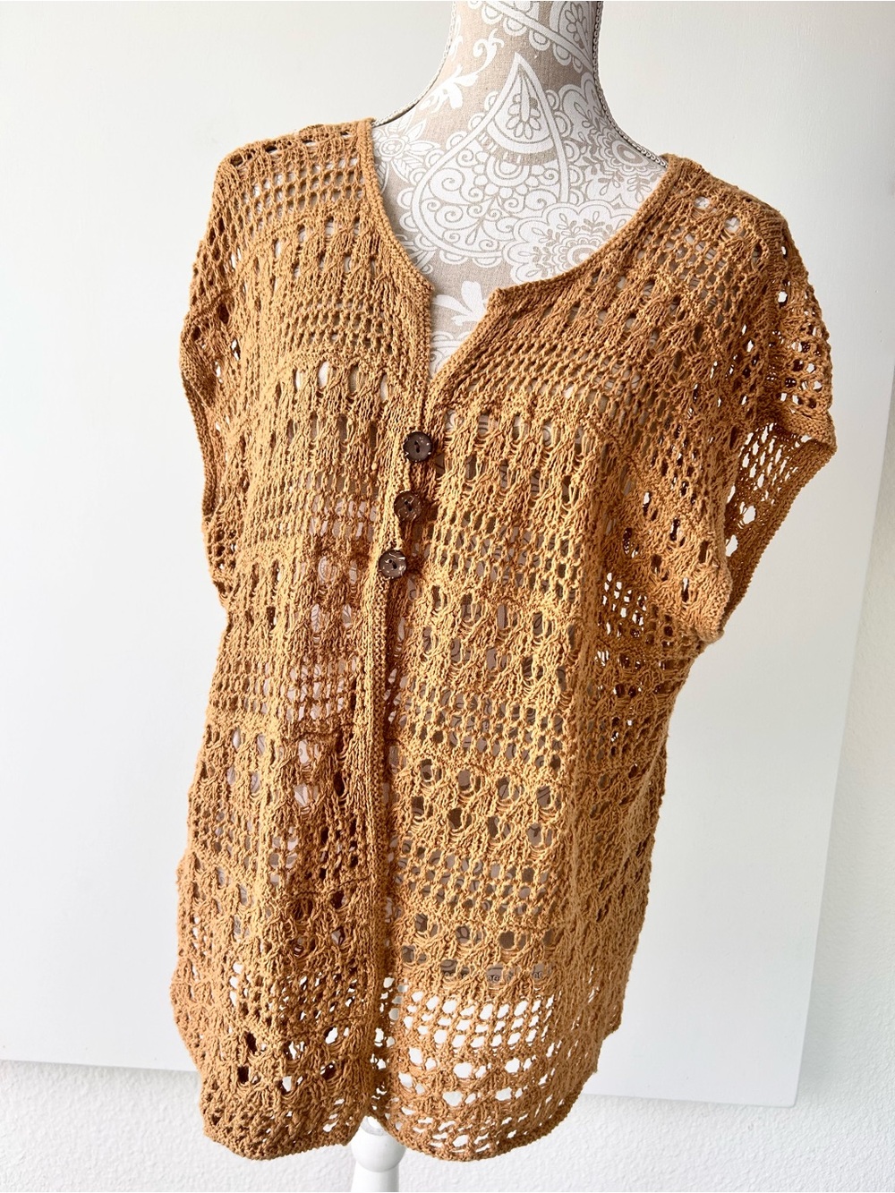 Jones New York Open Knit Crochet Vest Cardigan Tan Camel Boho XL